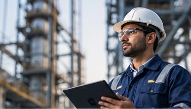 Engineer with a tablet inspecting plant equipment