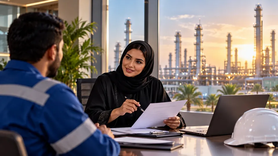 Candidate in work overalls reviewing a written job offer with an employer representative, an industrial plant visible outside