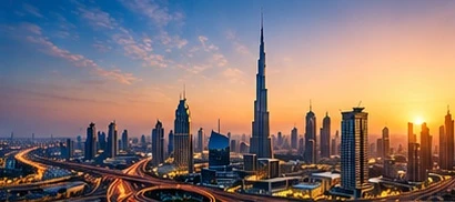 Gulf city skyline and highway interchanges at dusk
