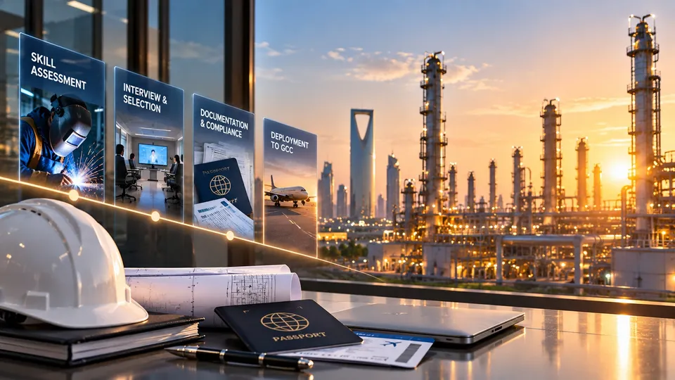 Recruitment stages from skill assessment and interview to documentation and deployment, with a hard hat, plans and passport on a desk overlooking a Gulf city and industrial plant