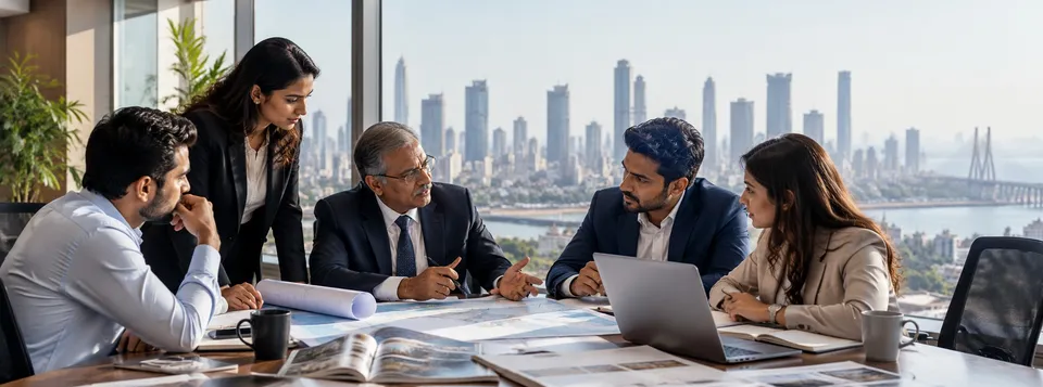 Professionals in discussion around a boardroom table, with the Mumbai skyline and sea link behind