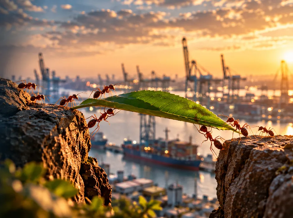 Ants carrying a leaf across a gap between two rocks, with a container port at sunset behind