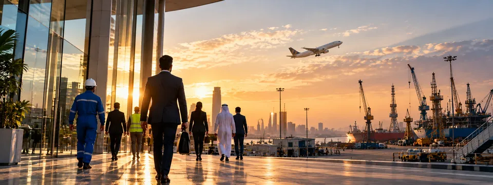 Professionals and skilled workers walking towards an international port and airport at sunset