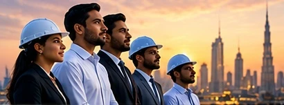 Team of engineers and professionals looking towards a city skyline