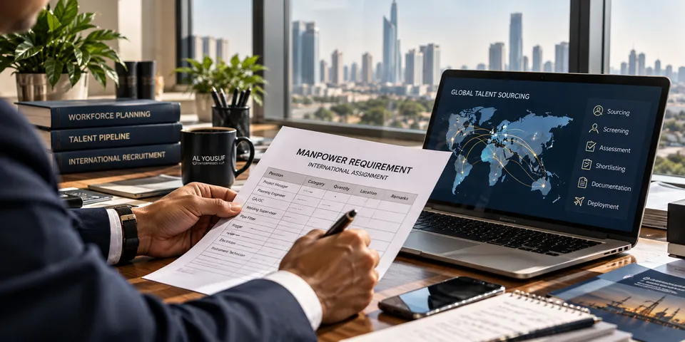An employer reviewing a manpower requirement sheet at a desk, with a recruitment process on a laptop and a city skyline behind