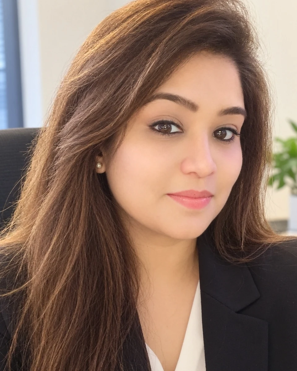 Pooja Mehta in a dark blazer in the office
