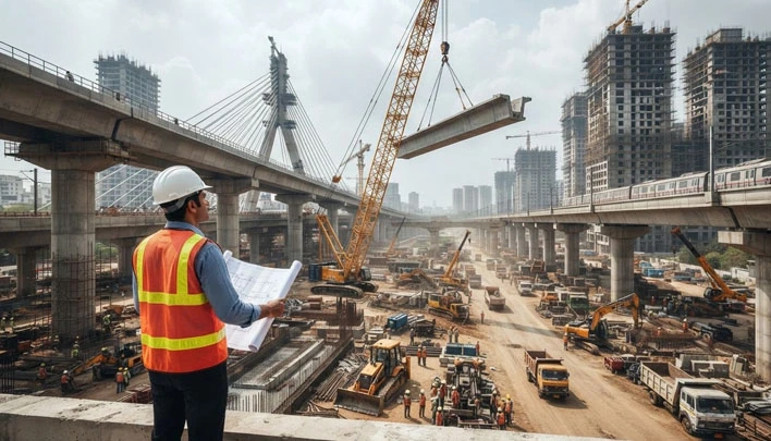 Site engineer reviewing plans above a metro and bridge construction project