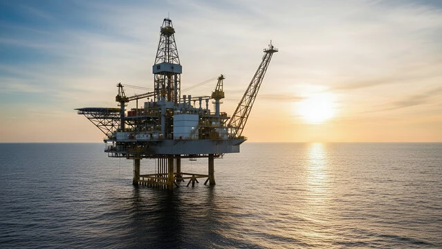 Offshore platform at sea at sunset